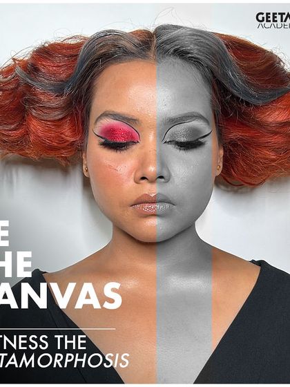 Be the canvas. This powerful half-and-half look showcases the art of metamorphosis, combining colorful, textured hair and makeup with a monochrome side to create a striking visual.
