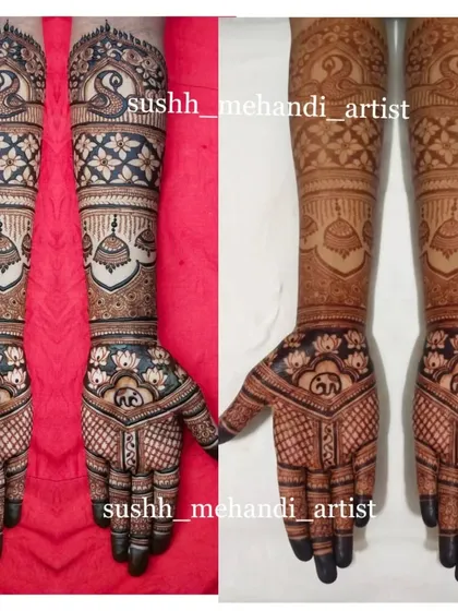 A collage showing two different bridal designs side-by-side. Both are full-coverage and feature traditional motifs like peacocks, jhumkas, and elephants.