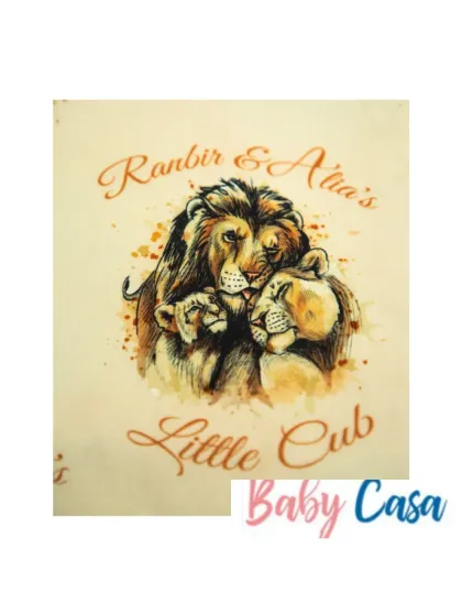 A powerful and unique design for Ranbir and Alia's "Little Cub". This custom piece features a beautiful watercolor-style illustration of a lion and lioness, symbolizing family strength and love.