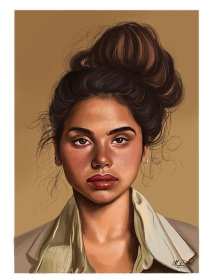 A digital colour portrait of a woman with her hair in a bun. My focus here was on creating soft, realistic skin tones and capturing a natural, direct gaze.