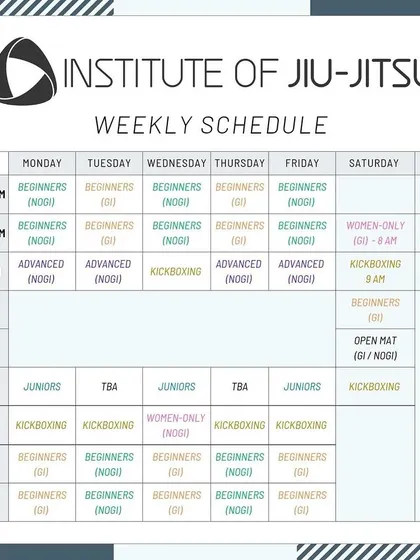 Here is our weekly class schedule. You can find the dedicated time slots for the "Juniors" program, designed for kids aged 4 to 12. I also offer a range of classes for adults, including Beginners, Advanced, and Kickboxing, so the whole family can train.