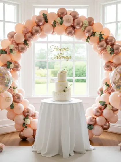 Elegance and romance combined. This beautiful balloon arch in a soft peach and rose gold palette is perfect for engagement parties, anniversaries, or baby showers, creating a sophisticated backdrop for your cake table.