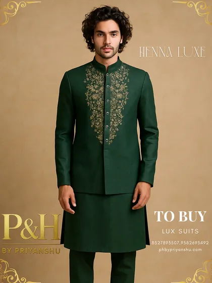 Another elegant option for a Mehndi ceremony, this dark green kurta is paired with a structured, embroidered jacket, offering a different layering style.