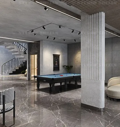 A large, open-plan party hall in Palam Vihar, complete with a pool table, multiple seating areas, and a modern, industrial aesthetic.