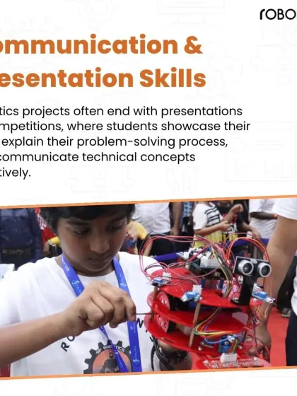 A student works on a complex robot with multiple wires and sensors. Our projects often end in competitions where students showcase their work and explain their problem-solving process, building communication skills.