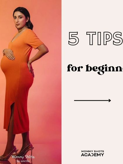 A stylish maternity shot in an orange dress, used as the cover for a "5 Tips for Beginners" carousel.