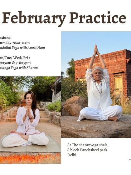 Our February practice schedule at The Sharan Yoga Shala, featuring my Kundalini Yoga classes alongside Ashtanga Yoga with the founder, Sharan.