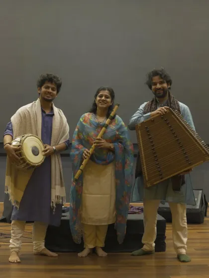 A post-concert photo with flautist Rasika Vartak and santoor player Shantanu Gokhale. Collaborating with such talented artists is always a learning experience.