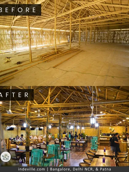 This before and after view of the Silbatti restaurant's main hall shows the scale of my construction capabilities. I transformed an empty shell into a bustling, atmospheric space defined by its soaring bamboo roof structure, support columns, and intricate wall paneling, all handcrafted by my team.