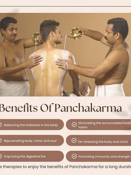 This graphic outlines the key benefits of Panchakarma. From balancing the tridoshas and eliminating toxins to de-stressing the mind and improving digestion, these therapies offer a complete reset for your system.