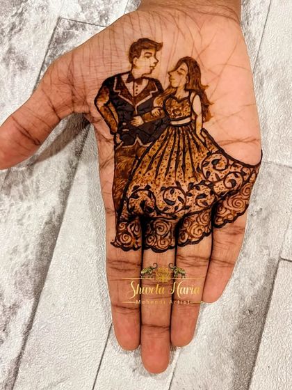 A minimalist design for an engagement, featuring a beautifully detailed portrait of the couple in modern attire.