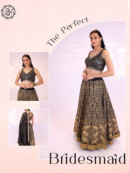 A collage showing the different elements of the black and gold bridesmaid lehenga. You can see the detail on the blouse, the flow of the skirt, and the elegant back design.