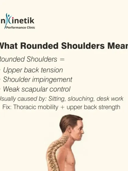 Rounded shoulders are often a sign of upper back tension and weak scapular control, usually caused by prolonged sitting. The fix involves improving thoracic mobility and strengthening the upper back muscles.