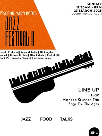 The official lineup poster for the Jazz Festival II, showcasing the day's events including multiple bands and talks. We curate full-day experiences for true art and music lovers.