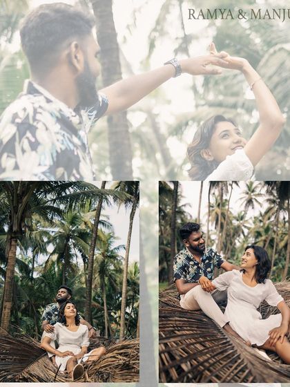 A collage of post-wedding moments amidst palm trees, capturing the tropical, relaxed vibe of their Mangalore shoot.