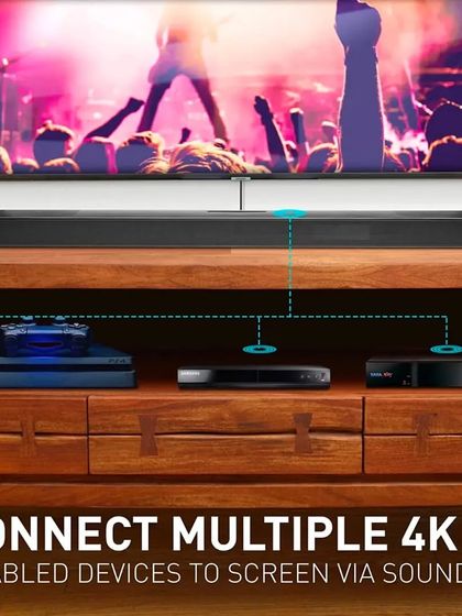 The JBL 9.1 soundbar acts as a central hub, allowing you to connect multiple 4K-enabled devices like gaming consoles and Blu-ray players directly to your screen through the soundbar itself.