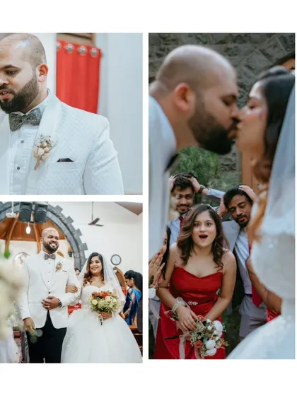 A collection of key moments from a Catholic wedding, including the groom's expression, the first kiss, and the joyful walk down the aisle.