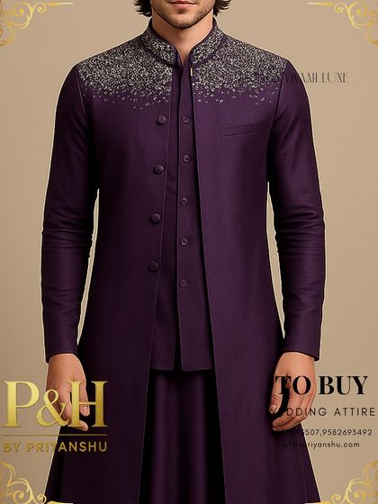 A close-up on the torso, showing the layering of the half-jacket over the inner kurta and the precise button detailing.