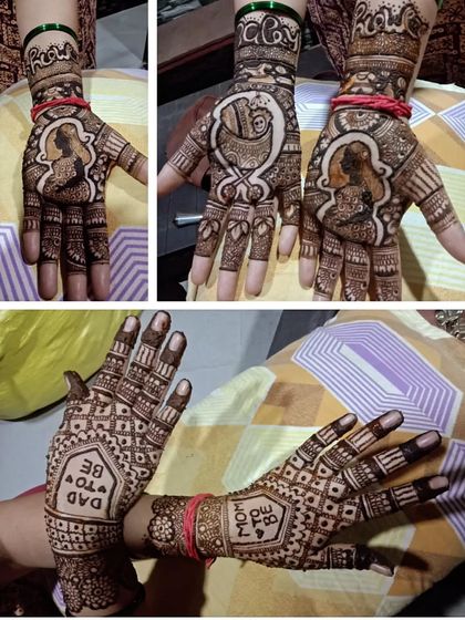 A collage showing different angles of a detailed baby shower mehendi. It includes portraits of the expecting parents, a cradle, and "Mom to be" and "Dad to be" text.