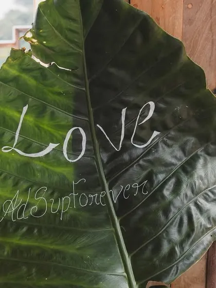 A close-up of the leaf signage, a perfect example of how we incorporate natural elements into our designs for a rustic and organic feel.