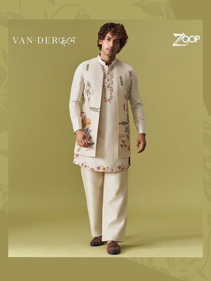 Another look from the Vanderphool collection, this off-white kurta set with a nature-inspired embroidered jacket is a testament to sophisticated, artistic menswear.