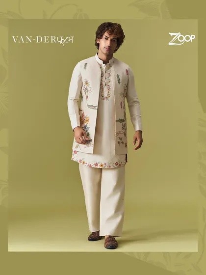Another look at the off-white Vanderphool kurta set, showcasing its versatility and sophisticated style. The floral embroidery adds a fresh, artistic touch.