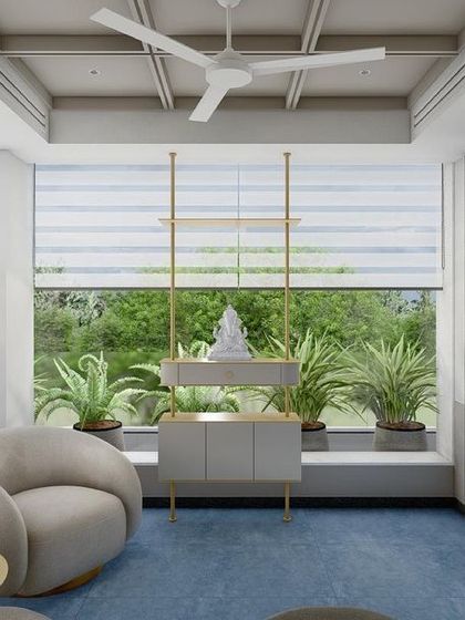 A concept for a serene corner in an MD's office, featuring a comfortable armchair, minimalist decor, and a large window framing a view of the garden.
