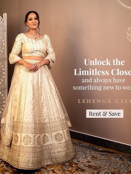 Unlock the limitless closet with this elegant ivory lehenga featuring delicate gold embroidery.