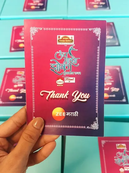 The personalized "Thank You" card we designed for the Zee Marathi Awards gift hampers, showing how we tailor every element to the client's event and language.