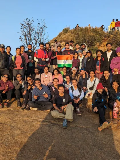 Our large group with the Indian flag at the Skandagiri summit, celebrating Republic Day.