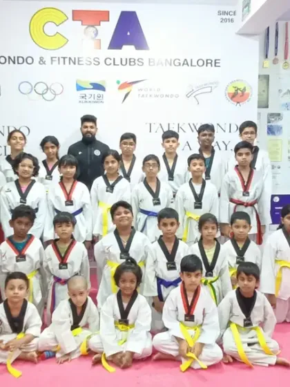 Our students at the CTA Taekwondo & Fitness Club in Bangalore, posing for a group photo after their exam.