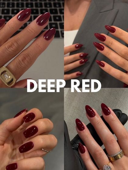 A collage showing different ways to wear a classic deep red. This color is so versatile and chic.