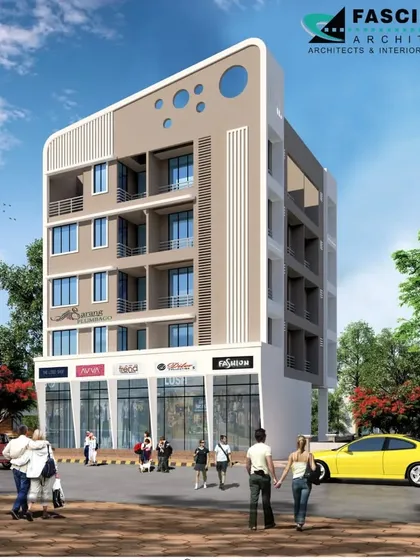 This render shows "Sarang Plumbago," a completed residential project in Pushpak-Vadghar. The building's unique identity is defined by its curved corner and distinctive circular cutouts on the roof element, demonstrating a creative approach to modern facade design.