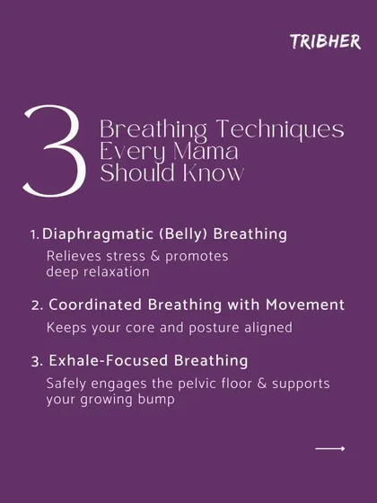 Here are three breathing techniques every mom should know: Diaphragmatic (Belly) Breathing for relaxation, Coordinated Breathing for alignment, and Exhale-Focused Breathing for pelvic floor support.