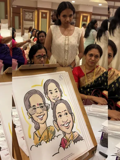 A group of ladies waiting for their turn while I finish a caricature for three of them. Live drawing sessions create a buzz and draw a curious crowd.