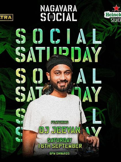 The official poster for my 'Social Saturday' gig at Nagavara Social, promising a night of Bollywood, Punjabi, and commercial hits.