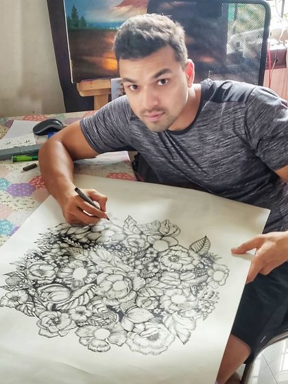 A close up of my work on a large, detailed ink drawing. This kind of intricate pen work is something I teach, focusing on how to build complex patterns and textures line by line.