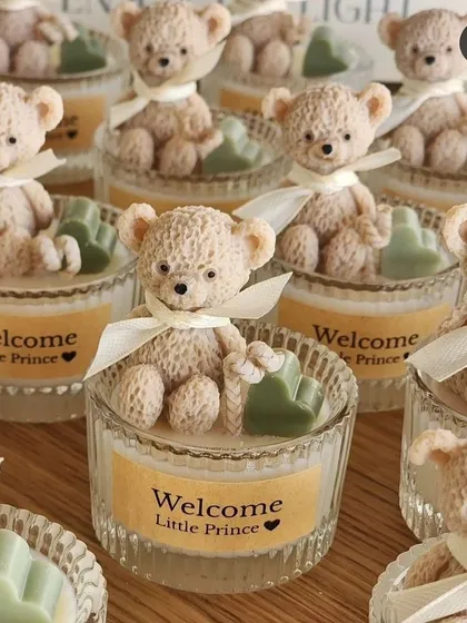 Baby boy announcement gifts. These adorable teddy bear candles say 'Welcome Little Prince' and are a beautiful way to share your joy with friends and family.