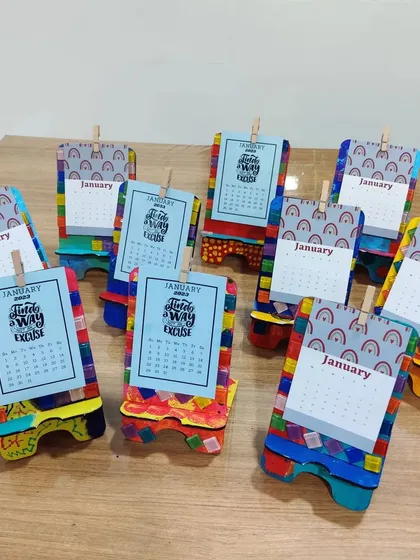 The finished personalized desk calendars, all painted and assembled by the kids. A great way to start the new year!