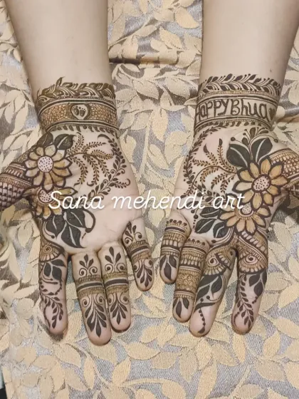 A lovely floral design for a guest, with 'Happy Bhuj' written on the wrist, perhaps for a family member or friend.