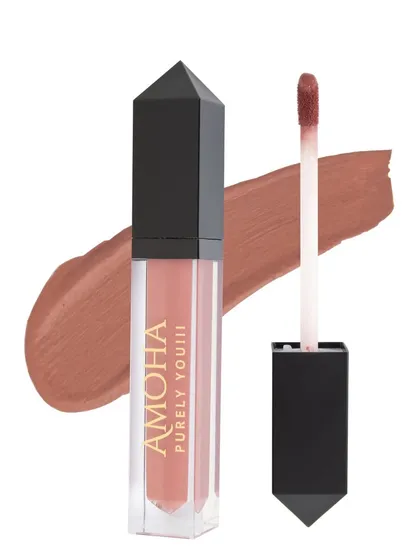 A nude brown liquid lipstick with its applicator and a swatch, providing a clear and accurate representation for e-commerce.