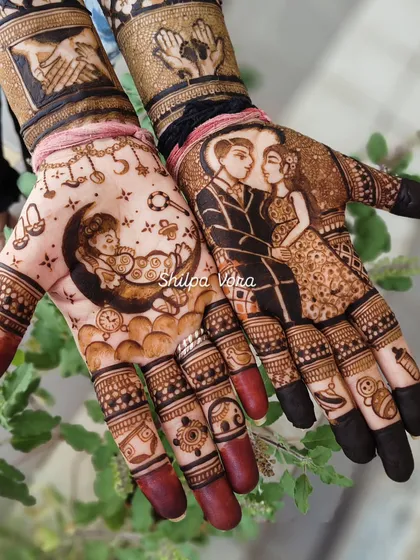 Celebrating the journey to motherhood with a special Godh Bharai mehndi. This design tells a story with portraits of the happy couple and sweet symbols of the new baby arriving.