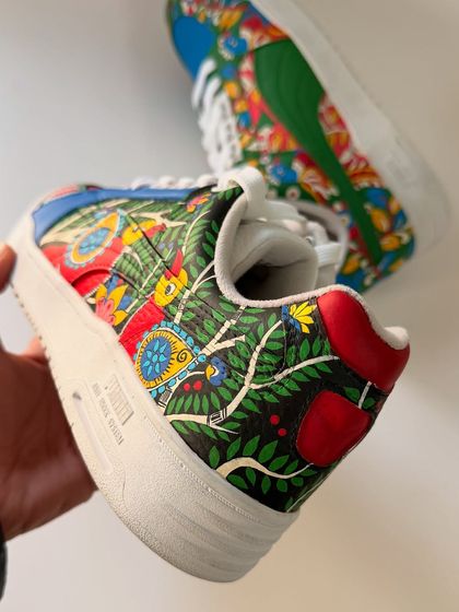 Another angle showing the rich, dense patterns of the Kalamkari artwork. I used a dark background to make the colourful motifs stand out, just like in traditional Kalamkari textiles.