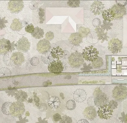 The site plan for the "House of Veils" demonstrates how the architecture is designed to look inward. The building's form wraps around internal courtyards and a pool, creating a private world on a tight urban plot.