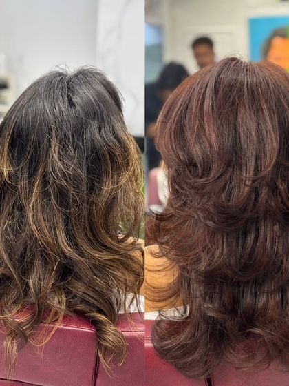 A back view of the reddish-chocolate transformation, showing how the new layers and color work together.