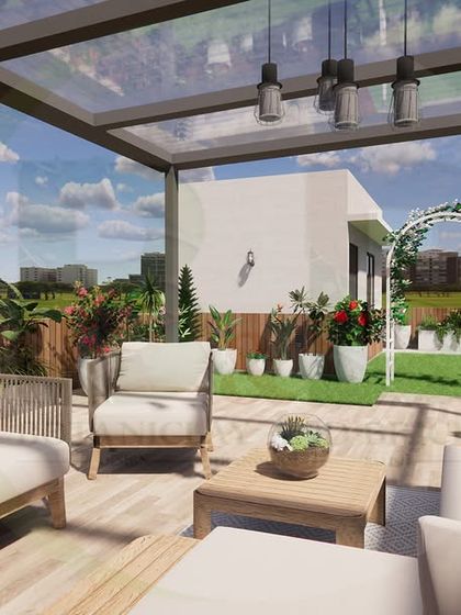 A 3D render of a bright and airy terrace lounge under a glass-roofed pergola. The design includes modern wicker furniture, a small lawn patch, and a decorative archway, creating a multi-functional and stylish space.