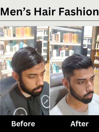 Another before-and-after example of our men's grooming service, showing a transformation from a grown-out style to a sharp, professional haircut.