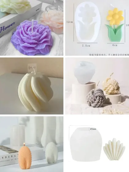 We've just launched a new range of silicone candle moulds at affordable prices. This collage shows various intricate designs, including flowers, knots, and textured pillars, to help you create beautiful, sculptural candles.