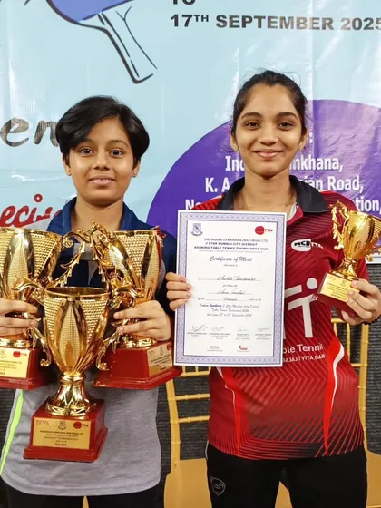 Sara Jamsutkar and Anshita Tamankar with their impressive collection of trophies from the 3 Star Table Tennis Tournament at Indian Gymkhana. A truly dominant performance.