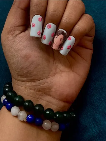 A view of the portrait nail on one hand from the Ghibli set.